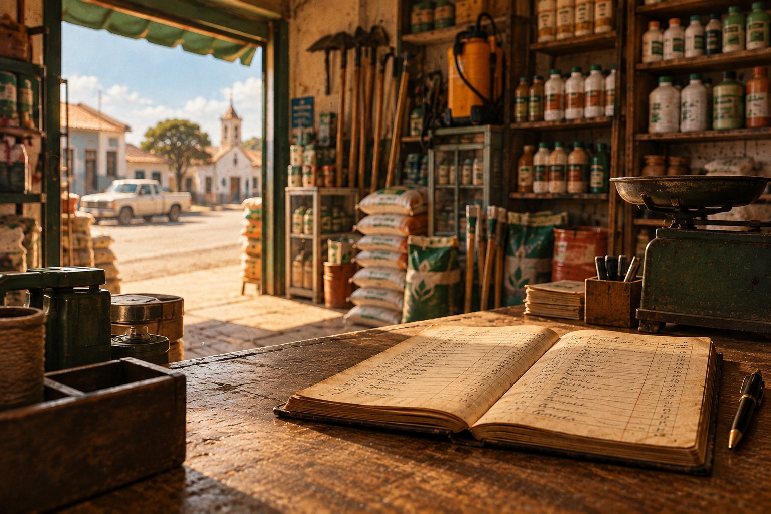 Caderno de anotações aberto sobre o balcão de uma loja de produtos agropecuários